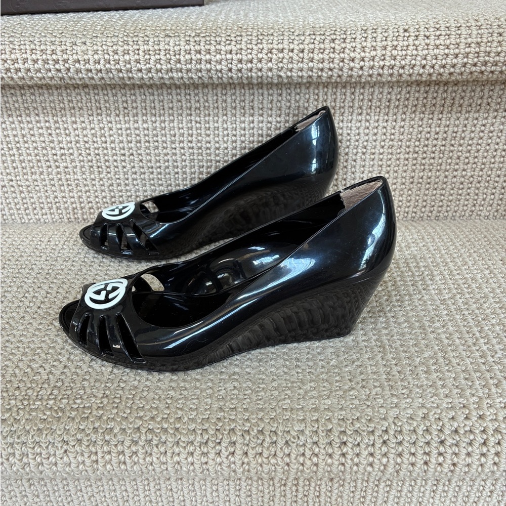 Gucci Marola Black Jelly Peep-Toe Wedge Heels - Picture 4 of 5